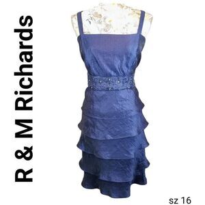R & M Richards Navy Blue Tiered Midi Dress with Embellished Waist